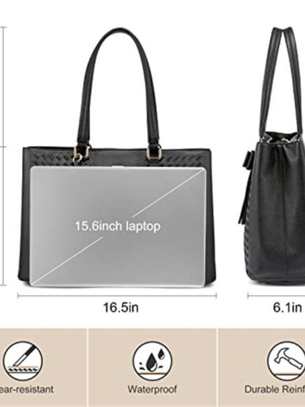 Women's Laptop Tote Bag Waterproof PU Leather, 15.6 Inch - Picture 3 of 5